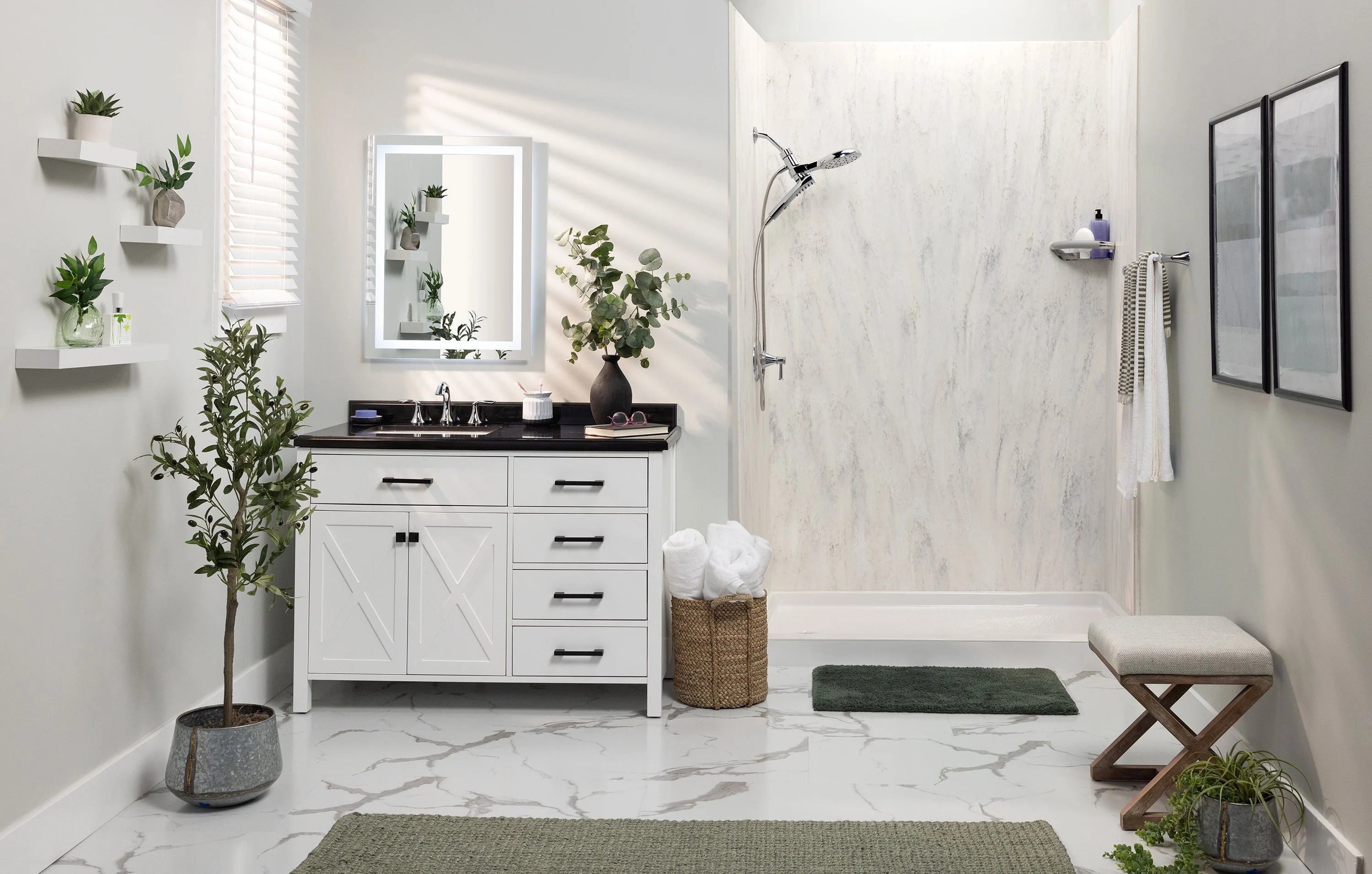Open walk-in shower remodel with modern wall system in Portland, Maine