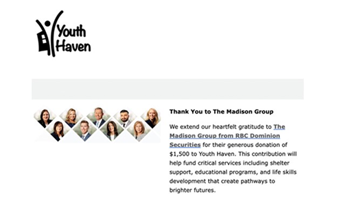 A screenshot from the Youth Haven newsletter thanking The Madison Group for their $15,000 donation.