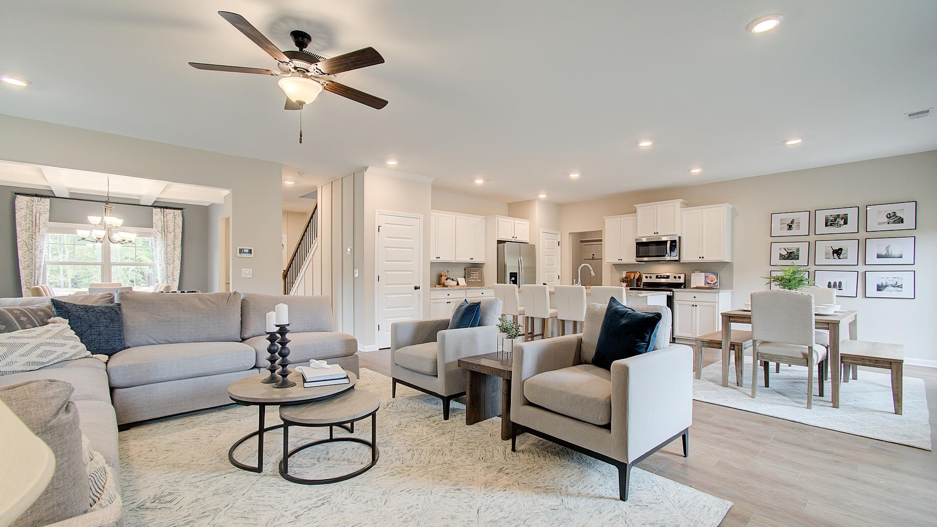 Open concept family room and kitchen in the DRB Homes Ridgewater community