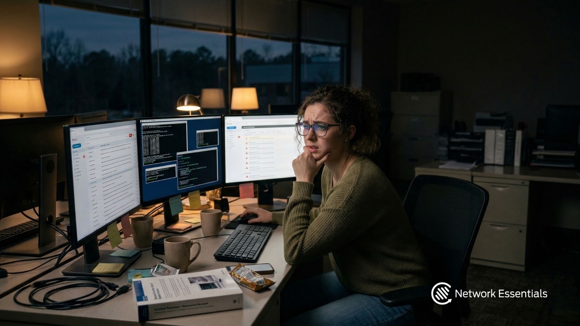 A woman with curly hair and glasses sits at a desk in a dimly lit office, looking stressed as she works on multiple computer monitors. The monitors display code and email interfaces. There are coffee cups, cables, and a book on the desk. A logo for "Network Essentials" is visible in the lower right corner. The scene appears to be after dark, with trees visible outside the window.