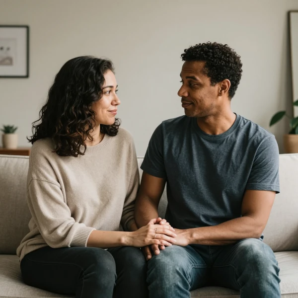 A Black man and a woman with curly dark hair are holding hands and looking into each other's eyes while sitting on a couch. The man is wearing a dark grey t-shirt and blue jeans. The woman is wearing a light beige sweater and dark pants. They are both smiling. The background is a wall with a framed picture and a potted plant. The overall scene suggests intimacy and connection.