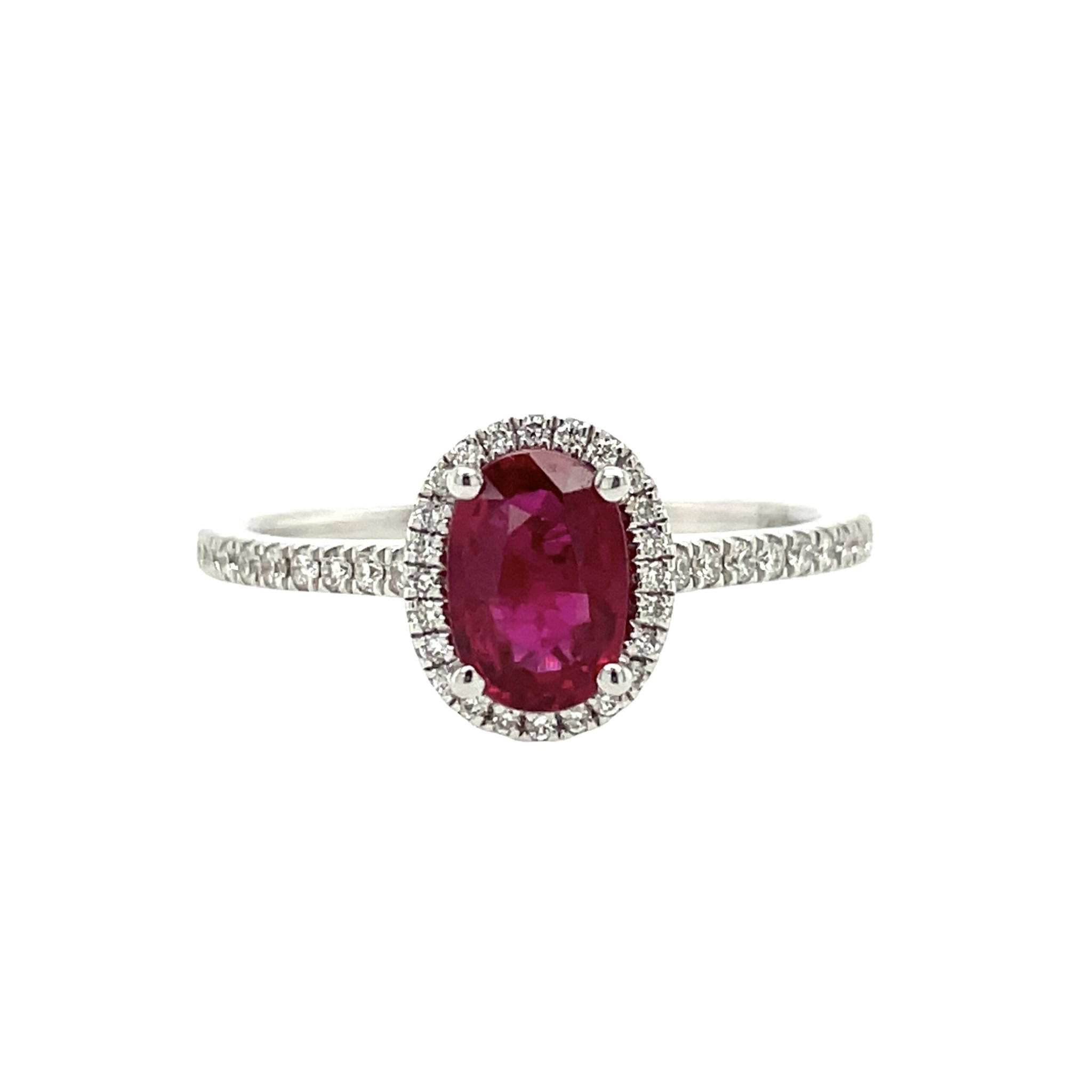 Fall in love with this 14K white gold Le Vian® halo ring featuring a vibrant oval ruby surrounded by 1/5 carat total weight of sparkling diamonds. A timeless design with elegant brilliance.