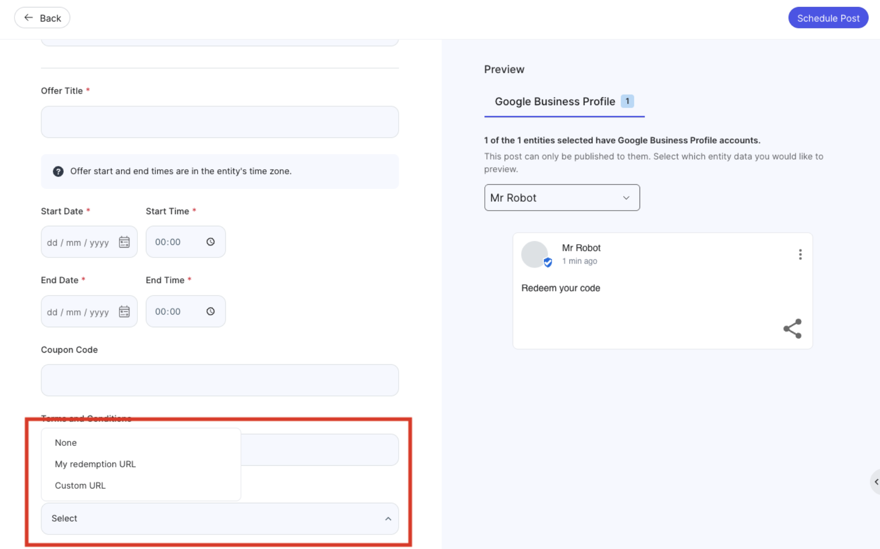 Redemption URL on Google Offer Posts