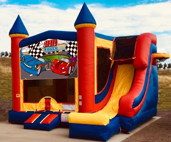 The Excalibur bounce house with race, car theme.