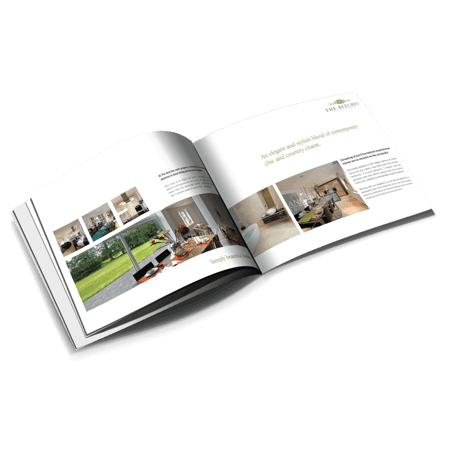 Grand Berlin Werbeagentur & Copyshop – Am Kottbusser Tor Elegant gedruckte Imagebroschüre mit Fotos und Texten, perfekt für Präsentationen, Immobilien und Markenauftritte.
