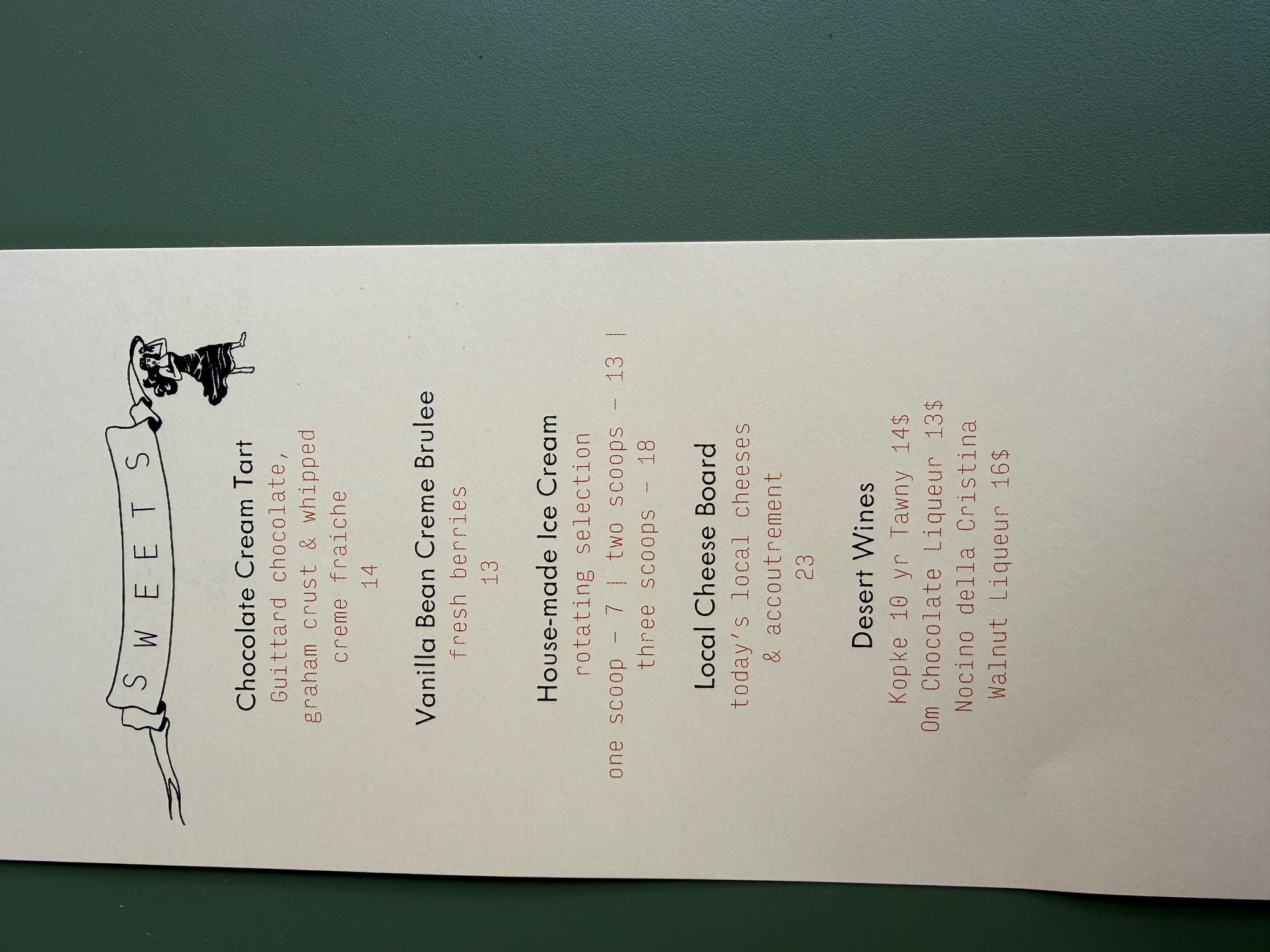 Mable's dessert menu, served during dinner service from Tuesday to Saturday