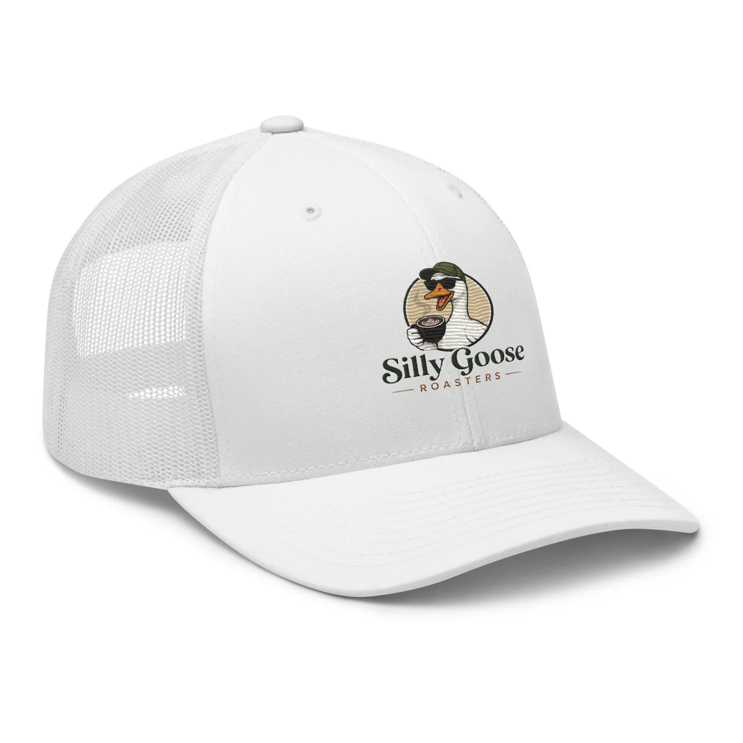 A white trucker hat with a mesh back features a circular logo on the front. The logo depicts a cartoon goose wearing sunglasses and a green hat, holding a cup of coffee. The text "Silly Goose ROASTERS" is written below the goose.