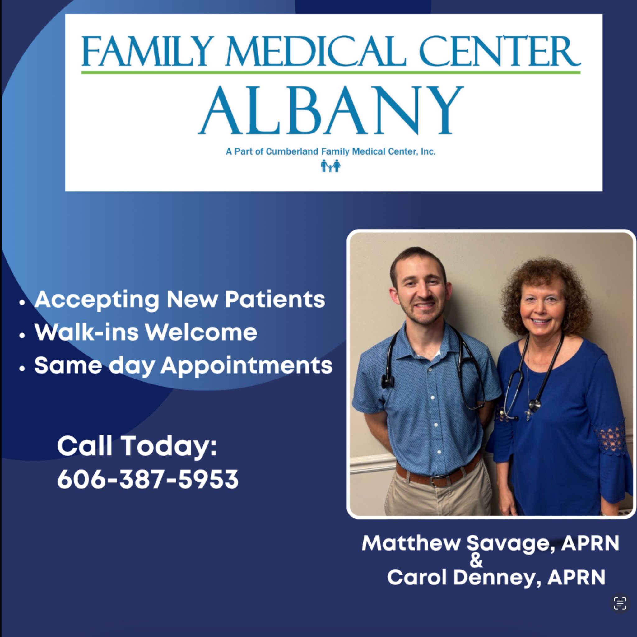 Albany Family Medical Center is here to care for your family with convenient access to healthcare close to home. Now accepting new patients with walk-ins welcome and same day appointments available. Schedule an appointment with Matthew Savage, APRN or Carol Denney, APRN today by calling 606-387-5953. ???? #FamilyMedicine #PrimaryCare #AlbanyKY #Healthcare #NewPatients