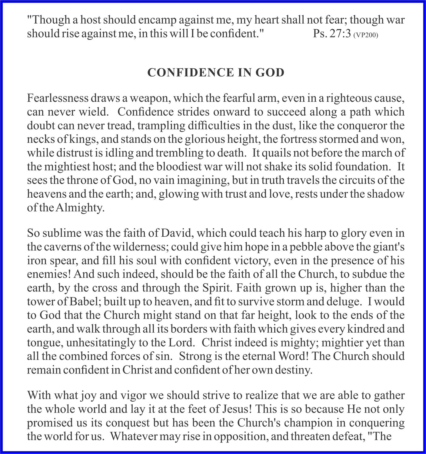 The image displays a piece of text with the title "CONFIDENCE IN GOD". The text is presented in a serif font and is centered on a white background. It includes a biblical quote from Psalms 27:3 and a lengthy prose passage discussing faith and confidence in God. The overall presentation is simple and textual, lacking any graphical elements or imagery.