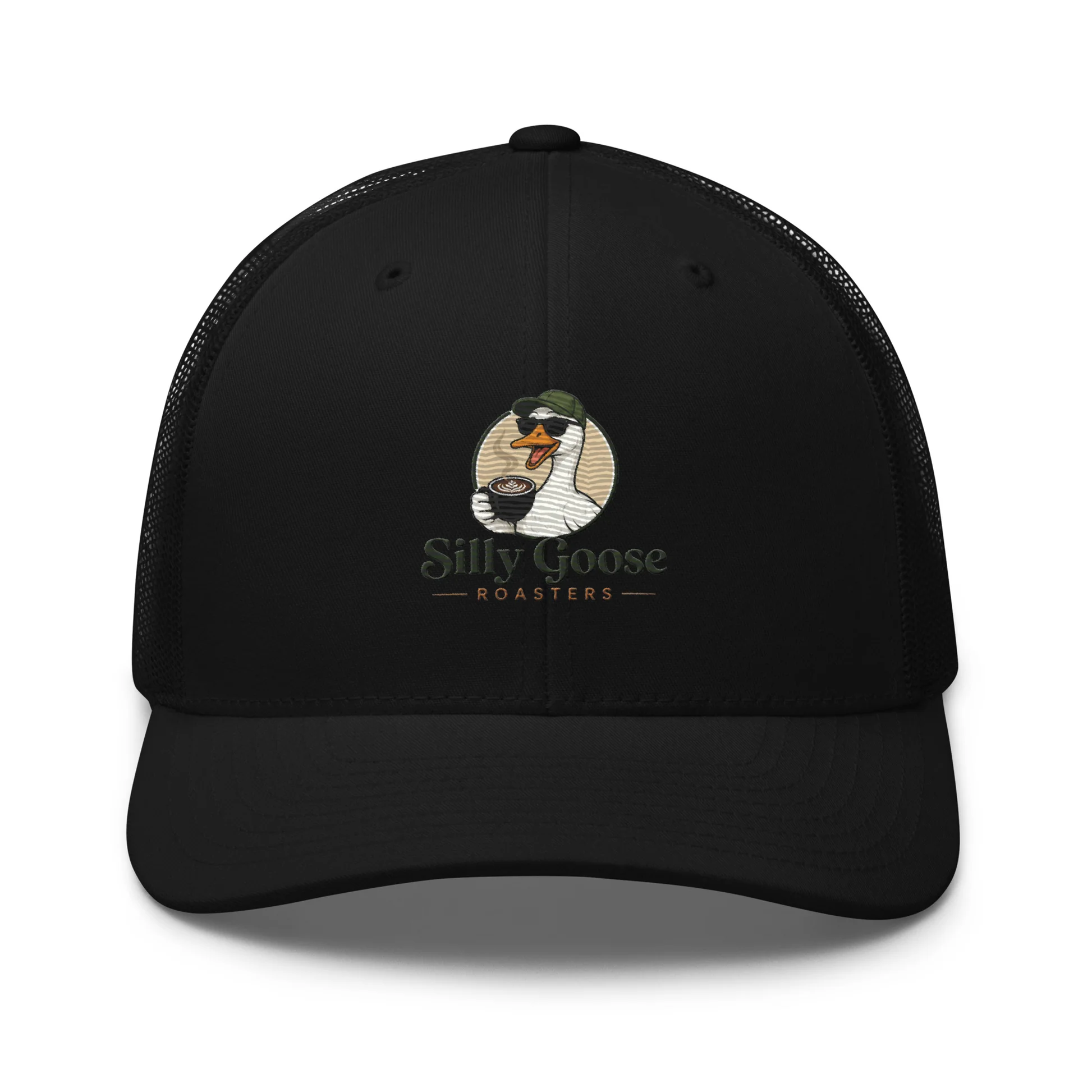 A black trucker hat with a logo of a goose wearing sunglasses and a green hat, holding a coffee cup. The words "Silly Goose ROASTERS" are below the goose.