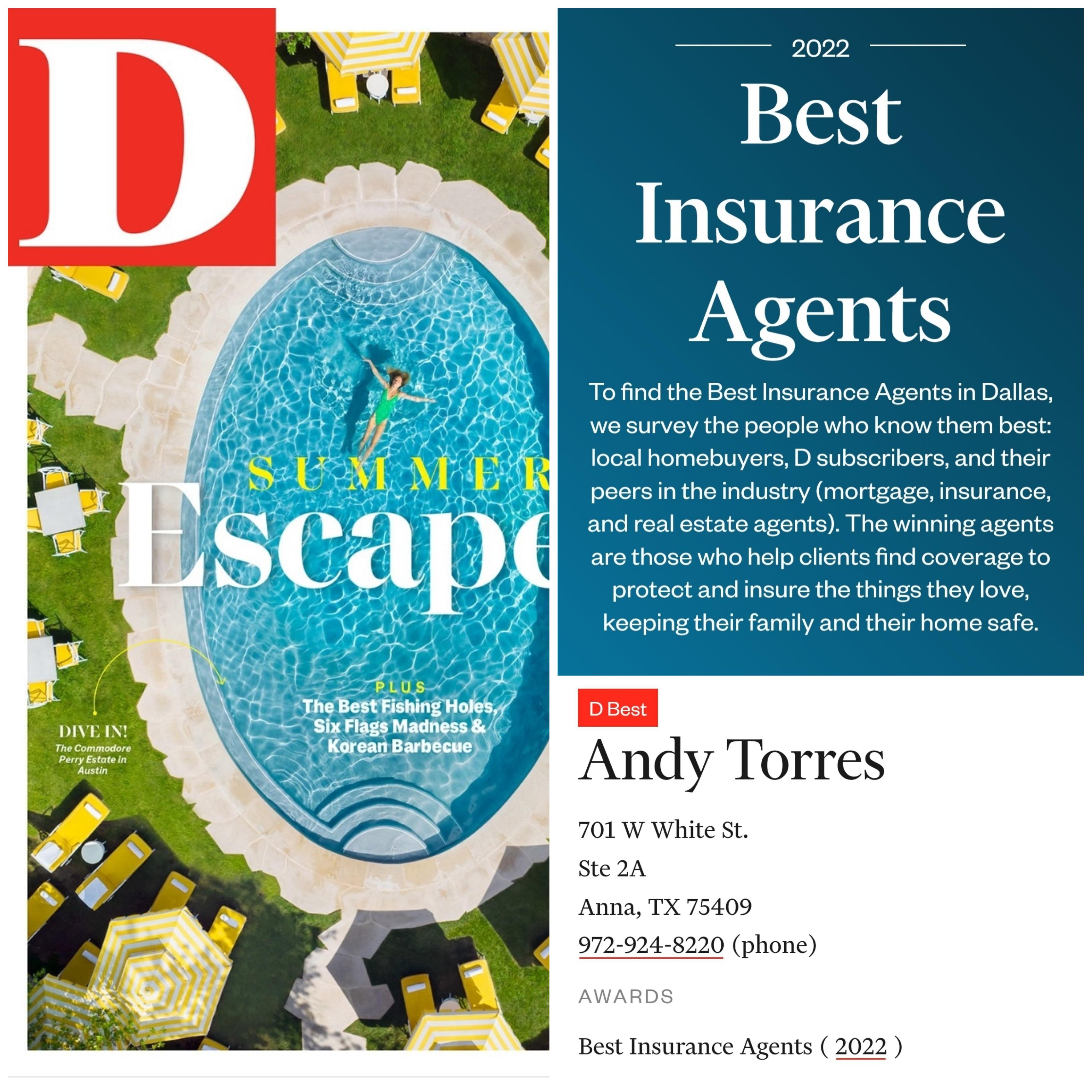 We're honored to have been nominated and selected as part of D Magazines Best Insurance Agents for 2022! You'll see us in the July issue, now out on newsstands. We wouldn't be here without our great team and wonderful customers. Thank you! We'll continue to work hard to be deserving of this honor.
