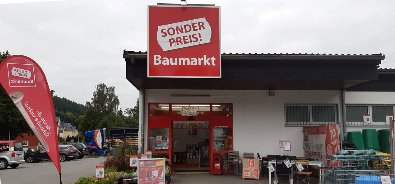 Außenansicht Sonderpreis Baumarkt, Auer Straße 2c in Lößnitz