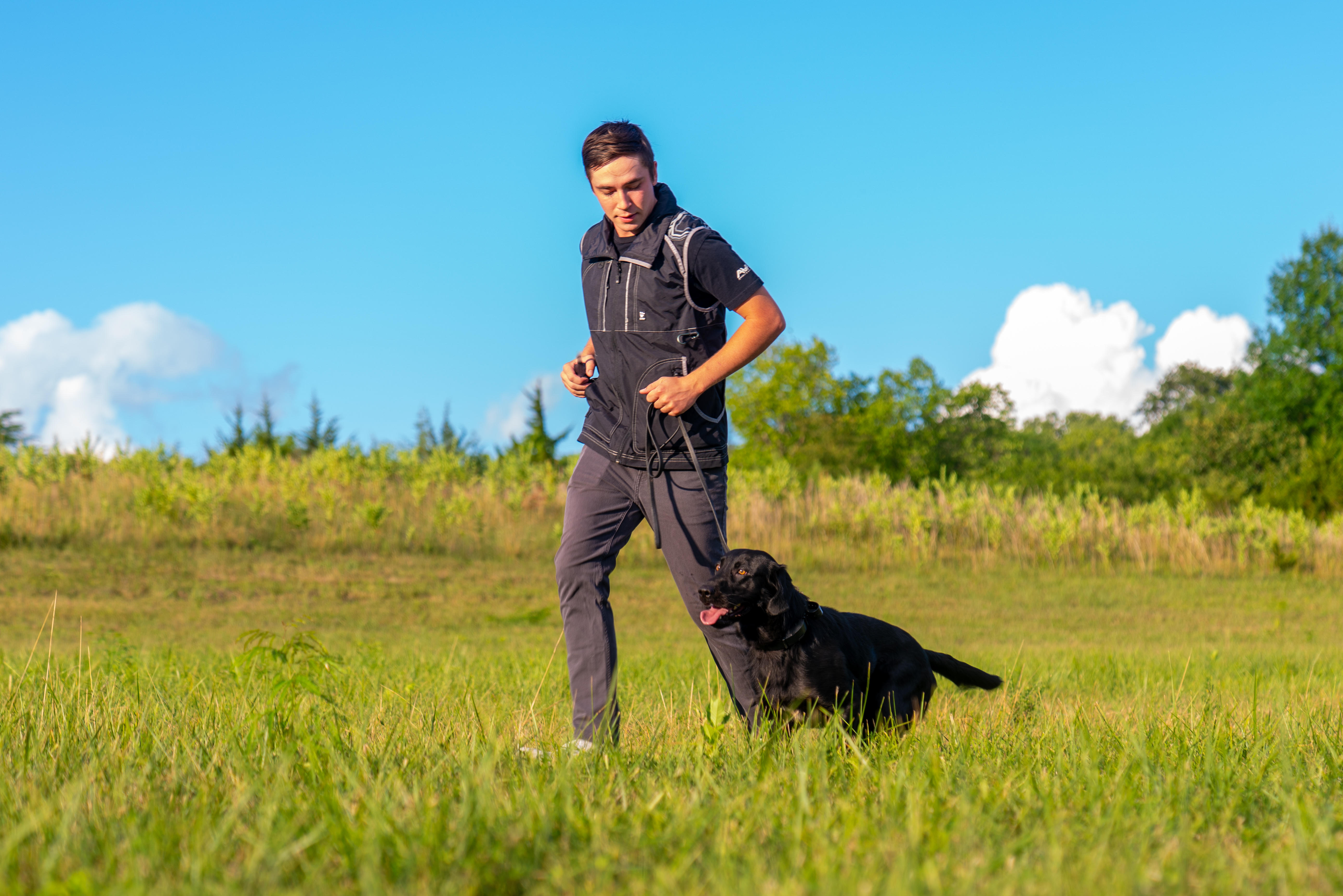 dog trainer outside with a black lab