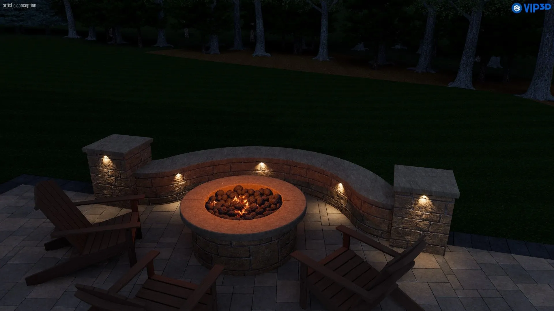 This evening rendering showcases Zamora Design and Build's expertise in creating inviting outdoor spaces with custom hardscaping and strategic lighting for cozy gatherings around a warm fire.