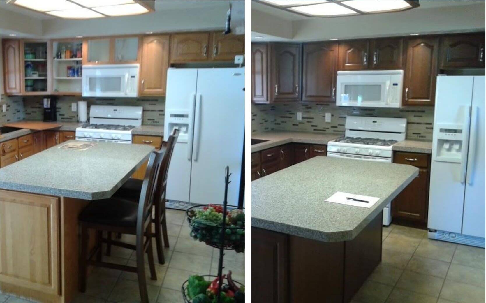 Before and after cabinet refinishing in Sandy.