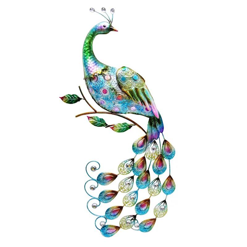 A vibrant metal peacock outdoor wall decor, adding a touch of whimsy and elegance to any outdoor spa At Home Lincoln (402)417-1000
