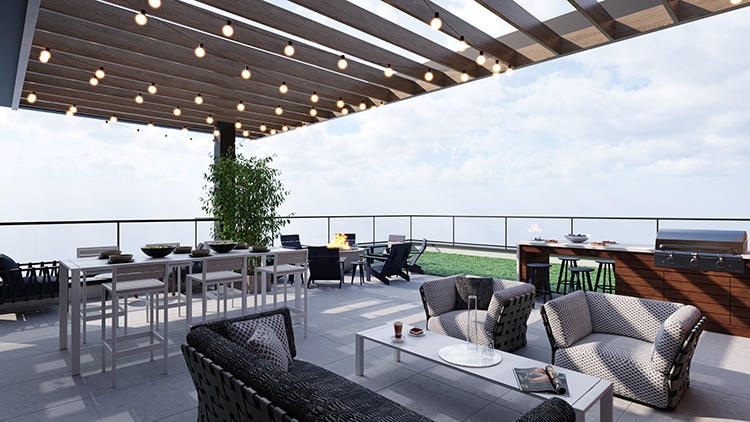 Sky Terrace Featuring Pergola With Dining Area and Firepit