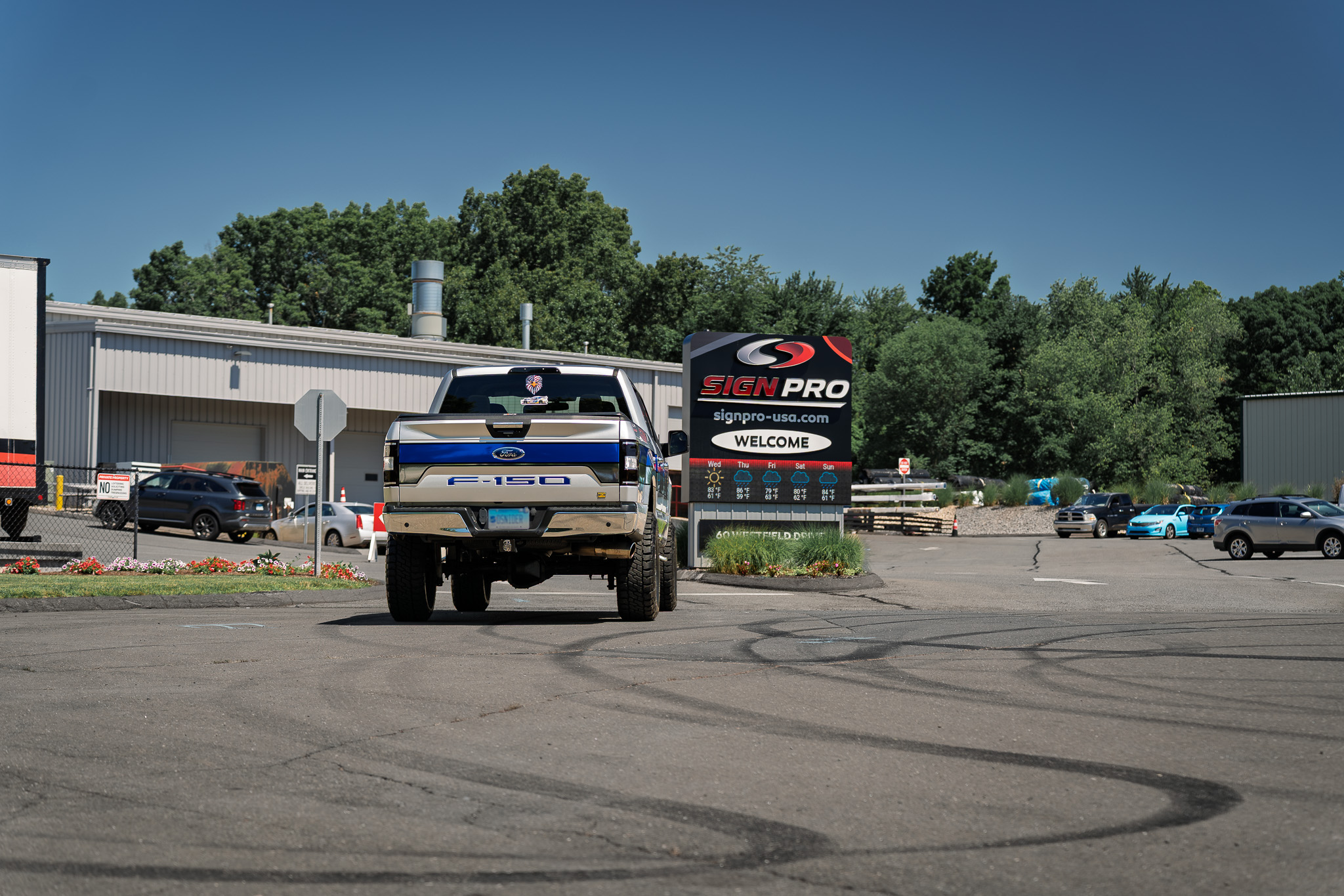 Custom chrome vinyl striping and detailed logo work installed by Sign Pro on a Ford F-150, creating a bold, high-contrast vehicle graphics finish.