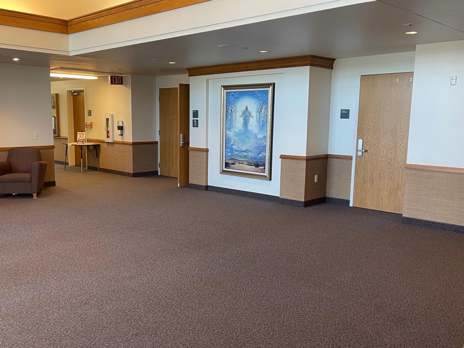 Main lobby of The Church of Jesus Christ of Latter-day Saints at 5401 Westwind Way, with a painting of Jesus Christ on the wall.