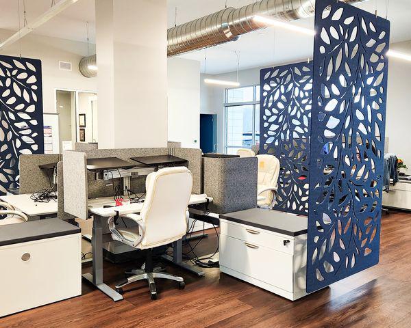 Small Office Space Reception area cutout wood panels