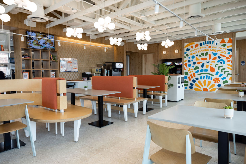 Interior of Birdcall McKinney, highlighting the numerous seating options.