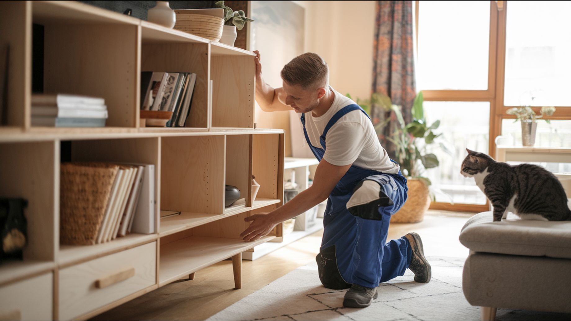 A man in blue overalls kneels down and installs a shelf in a light wood bookcase. A tabby cat sits o 