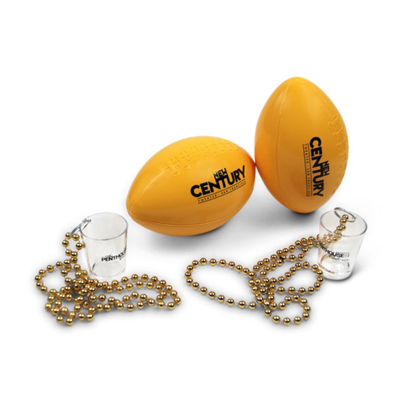 Stress footballs and bead necklaces for New Century. Branded merch by PLC Print.