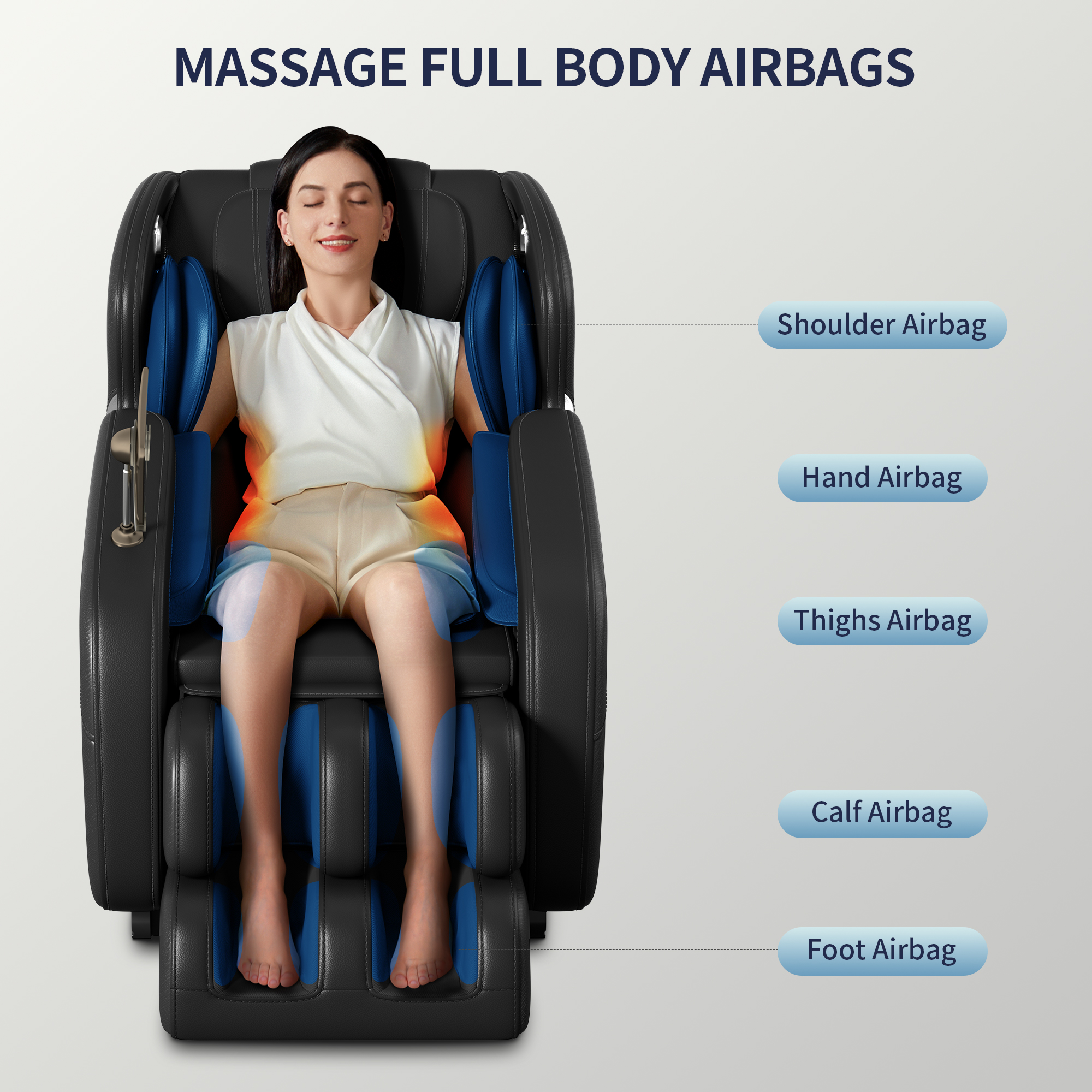 A woman with closed eyes and a serene expression is sitting in a large, black massage chair. The chair is highlighted with blue and orange areas indicating where airbags are located and potentially applying pressure. Text labels on the right side of the image point to different airbag zones: Shoulder Airbag, Hand Airbag, Thighs Airbag, Calf Airbag, and Foot Airbag. The overall composition suggests a promotional image for a full-body massage chair.