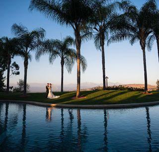 Couple taking wedding images with palm trees, a pond, and a view.