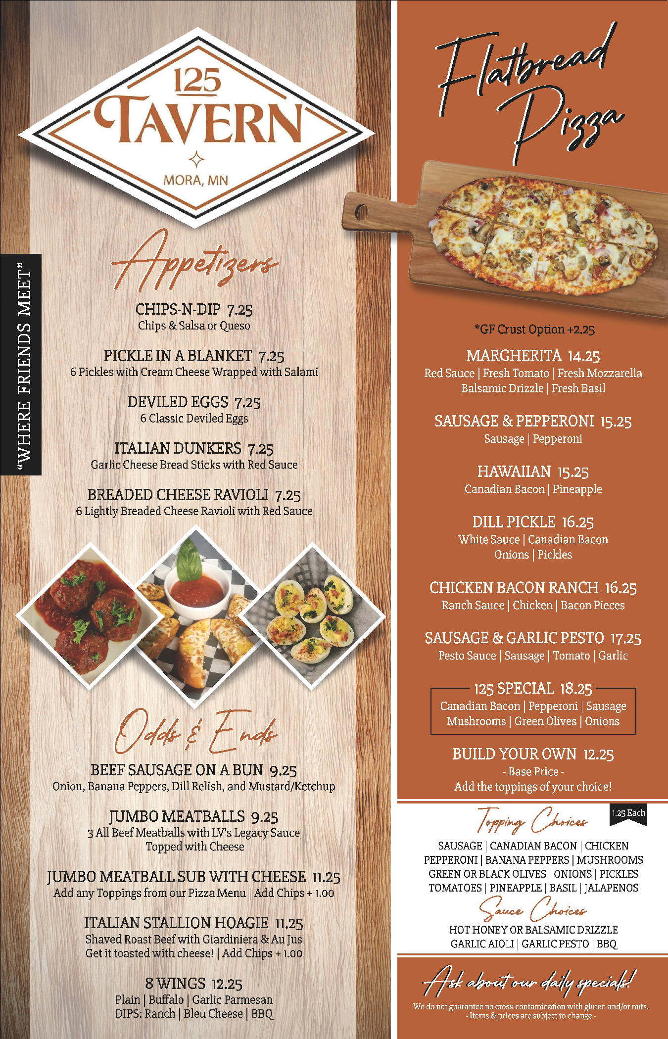 125 Tavern Menu page 1