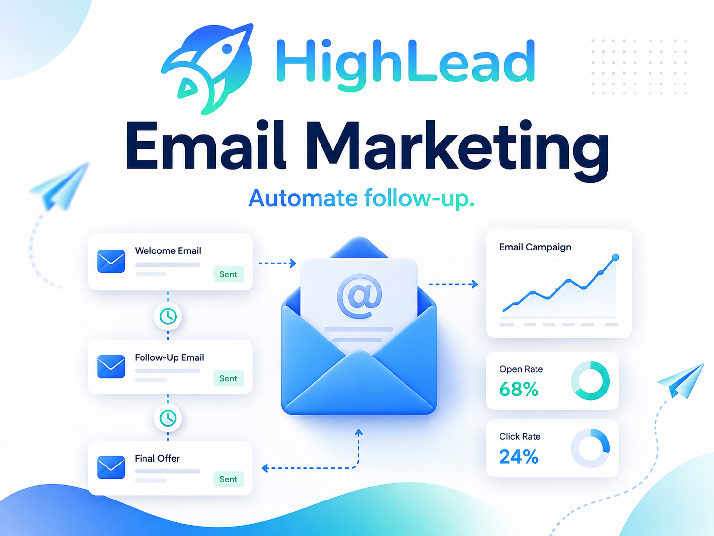 Email Marketing
HighLead helps businesses stay connected with leads and customers through automated email follow-up, nurturing campaigns, promotions, and reactivation.
