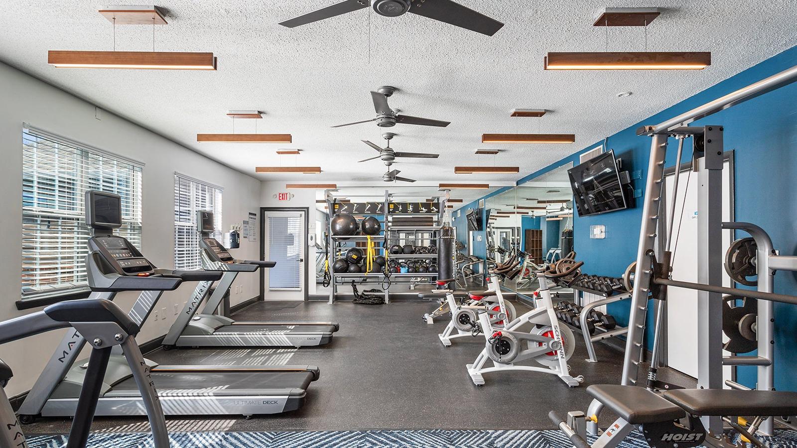 Private fitness center with cardio machines, free weights and medicine balls.