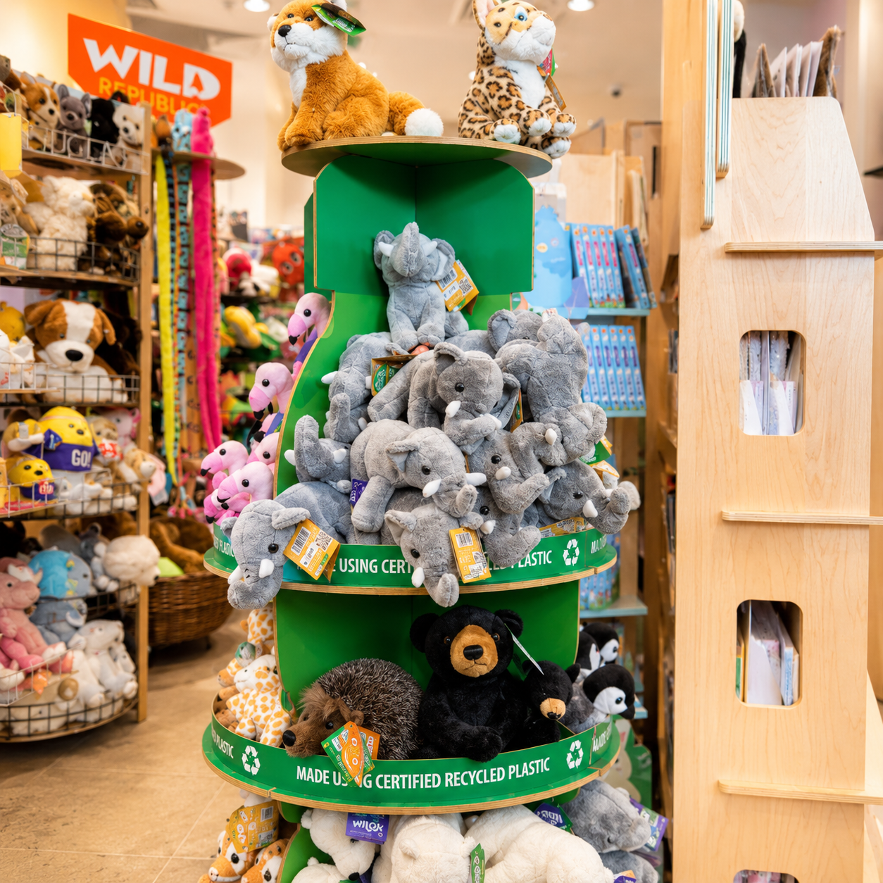 Plush animal toys displayed on a retail fixture inside The Game Chest in Torrance, California. 