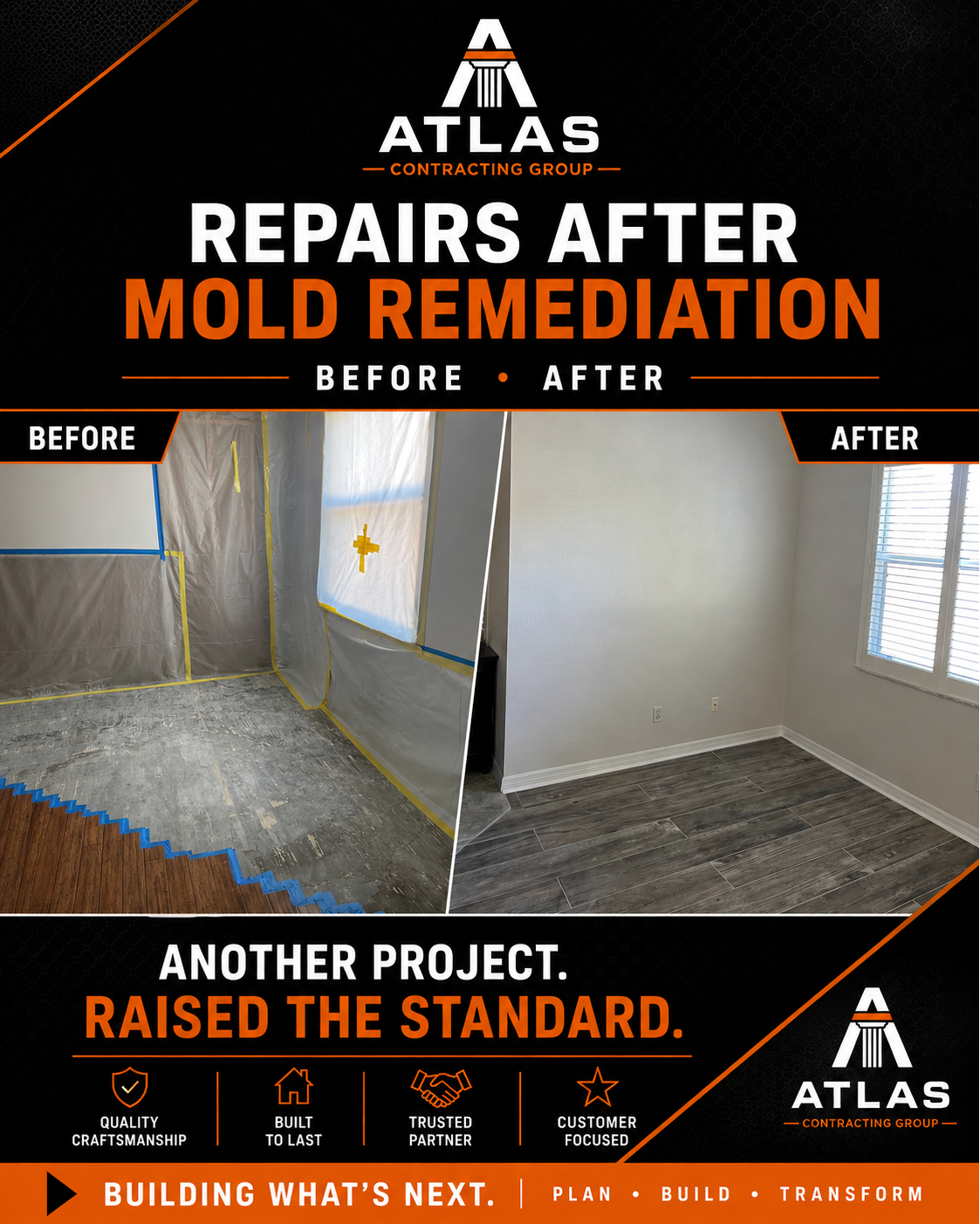Atlas Contracting Group ad shows a mold-remediation before-and-after: a sealed, damaged room transformed into a clean, finished space.