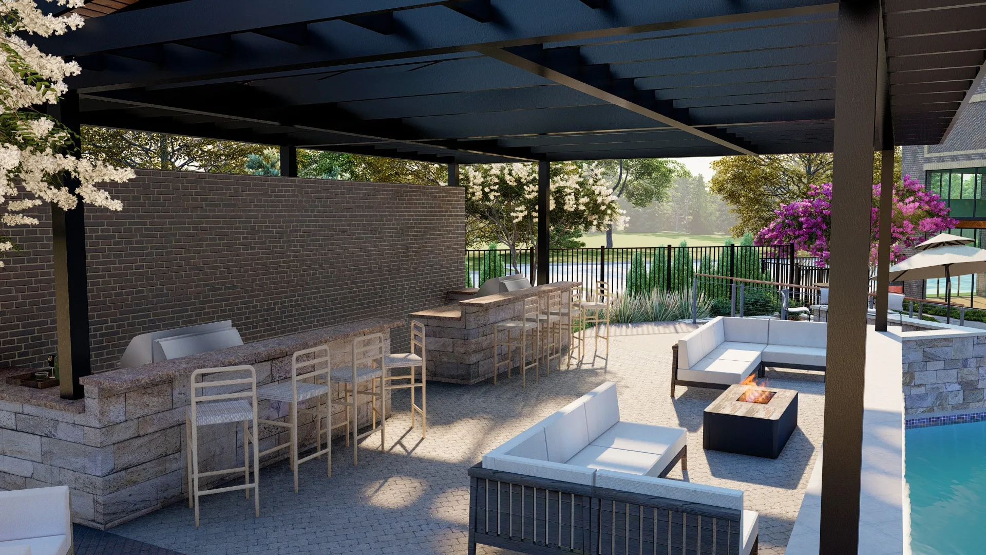 Resort-style pool and BBQ area at The Depot at Celina apartments