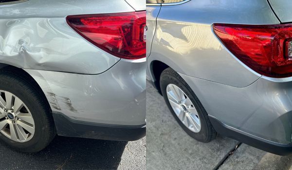 Before-and-after images show a silver crossover with a deeply dented rear quarter panel and scuffed  