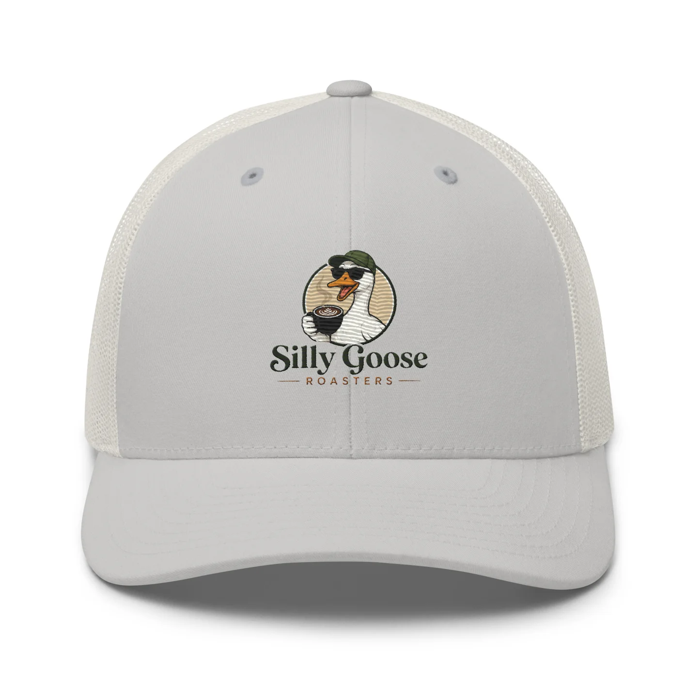 A white trucker hat with a mesh back is displayed, featuring a logo on the front. The logo depicts a cartoon goose wearing sunglasses and a green hat, holding a cup of coffee. The text "Silly Goose ROASTERS" is written below the goose.