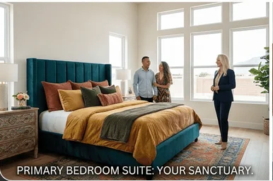 A couple is shown a primary bedroom suite by a real estate agent. The bedroom features a large bed with teal and orange bedding, a teal headboard, and a decorative rug. Large windows provide natural light and a view of the outdoors. A dresser with a lamp and flowers sits to the left of the bed. The real estate agent is standing to the right, facing the couple. Text at the bottom of the image reads "PRIMARY BEDROOM SUITE: YOUR SANCTUARY."