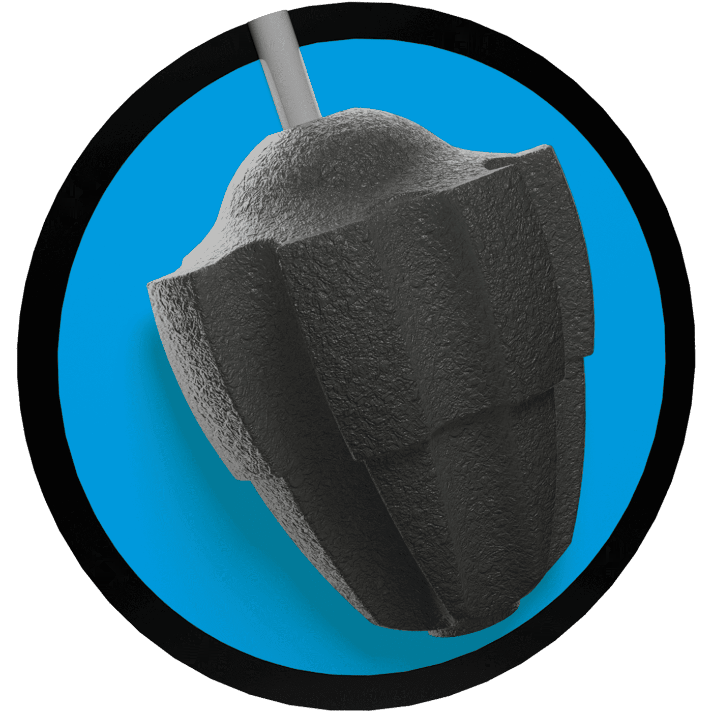 A close-up, abstract shot features the core of a bowling ball against a vibrant blue background within a black circular border. The dark gray, textured core has an angular, geometric design with deep grooves, suggesting a powerful and dynamic structure. A light gray cylindrical piece extends from the top of the core.