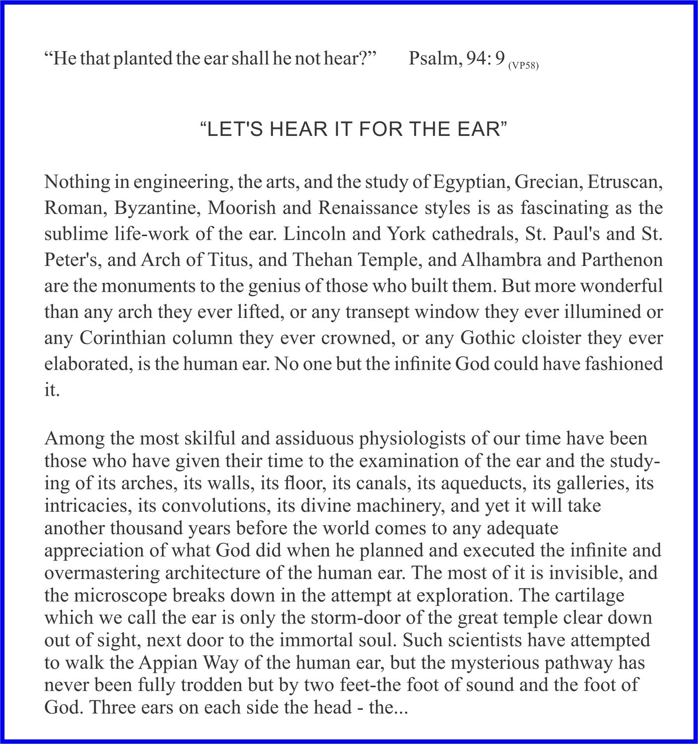 A page of text from a book or document with a blue border. The text is black and discusses the human ear, comparing it to architectural marvels and divine creation. It includes a biblical quote from Psalm 94:9 and a chapter title "LET'S HEAR IT FOR THE EAR".