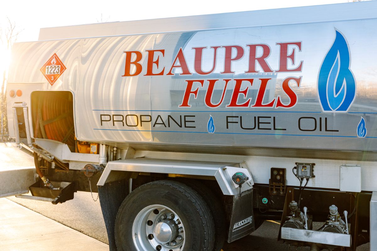 A Beaupre Fuels heating oil delivery truck parked at the company facility in Southern Maine. Beaupre Fuels provides reliable residential and commercial heating oil delivery, fuel services, and emergency heating support throughout Biddeford and surrounding Maine communities.