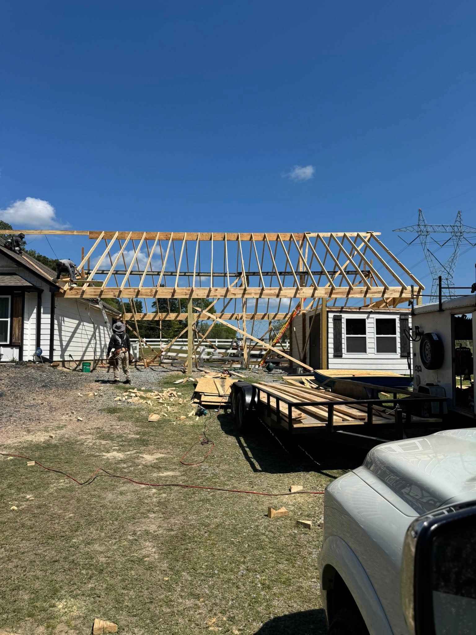 wooden roof frame being built