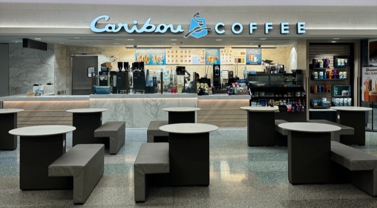 Storefront of the Caribou Coffee at 4300 Glumack Drive in St. Paul