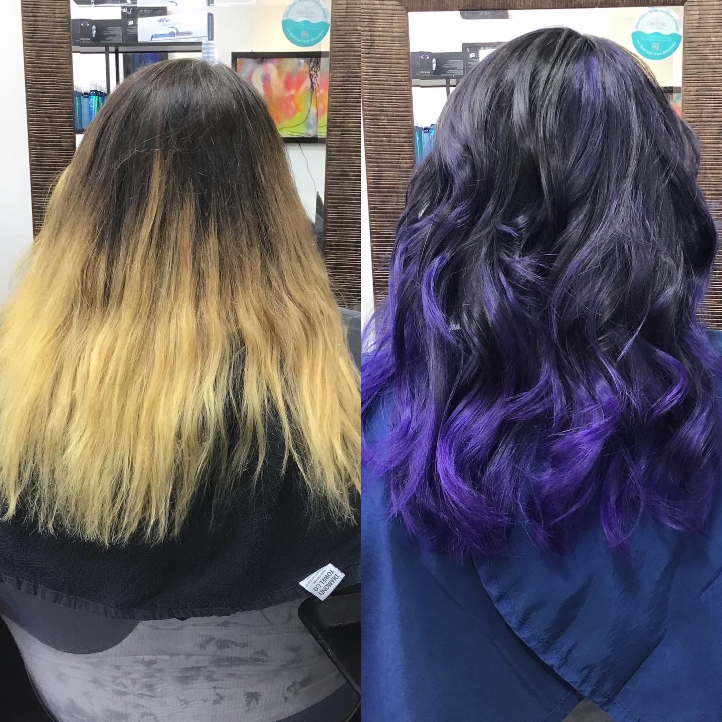 Hair color transformation taking dark blonde into rich deep purple tones. Customized color placement added depth dimension and bold contrast.
