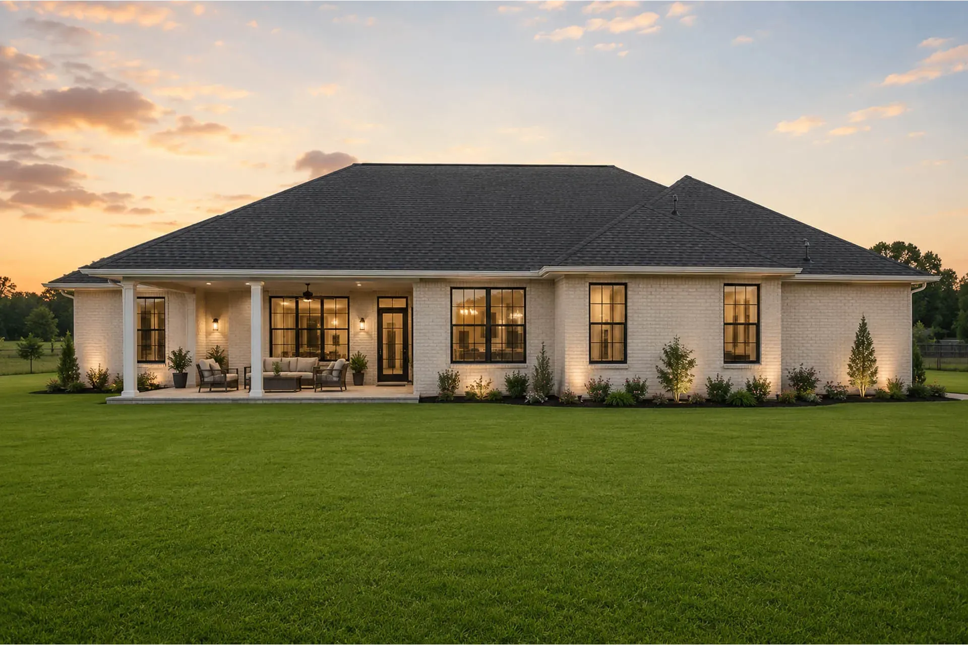 Modern Transitional Home Front: Highlights a modern ranch-style home featuring white brick veneer, high-end black-framed windows, and expansive exterior spaces.