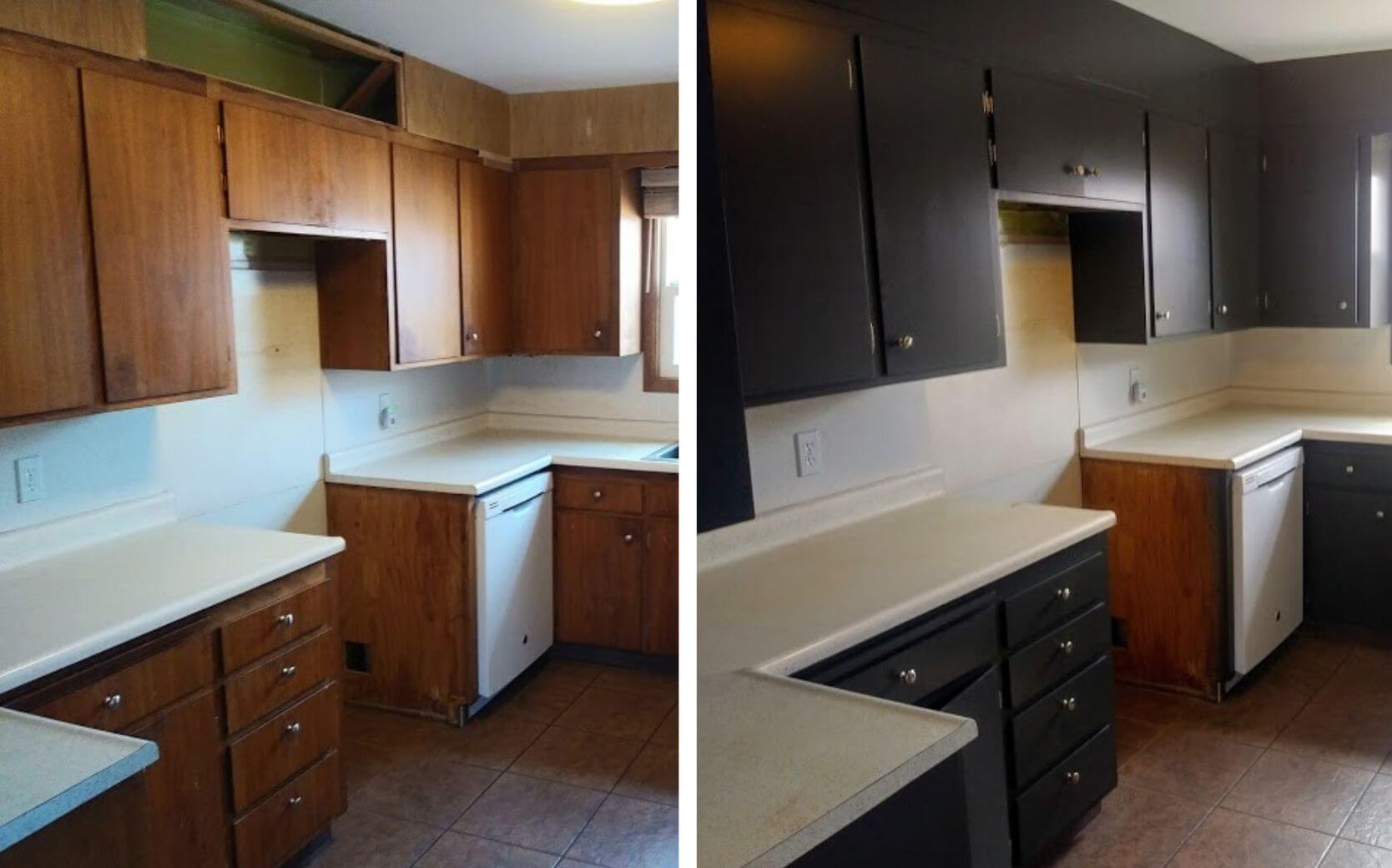 Before and after cabinet refinishing in Sandy home.