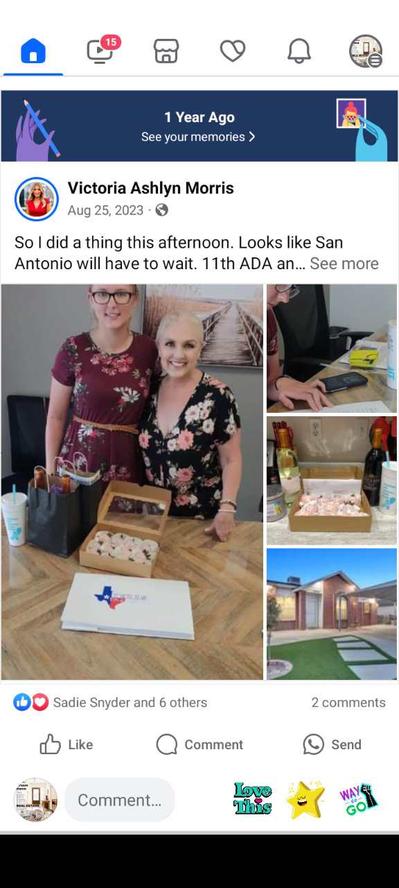A collage of photos showcasing a celebration, likely related to a professional achievement or event. The top left shows two women posing, one in a floral dress and the other in a black floral top, with gift bags and boxes of pastries on a wooden table. A book with a Texas outline on the cover is also visible. The top right features another woman's hands working on a desk with a phone and papers. The bottom right shows a modern house with a manicured lawn and a covered driveway. The Facebook interface elements indicate this is a post from Victoria Ashlyn Morris, shared a year ago on August 25, 2023.