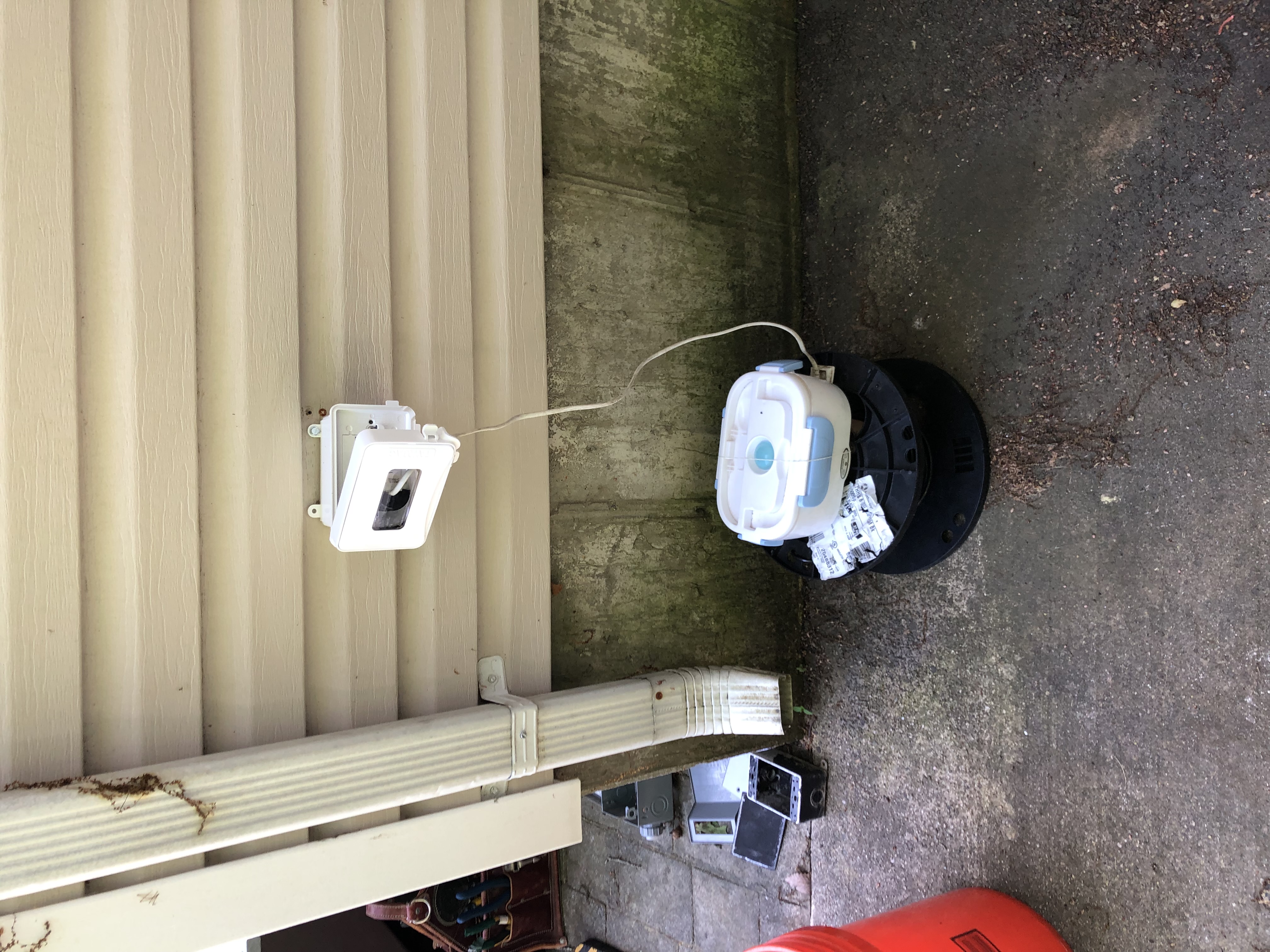 Malfunctioning GFCI device in the backyard. No problem! We removed existing and install new electrical products. Leviton WR (weather-resistant) GFCI device, Hubbell electrical box and expandable cover plate. All white in color.