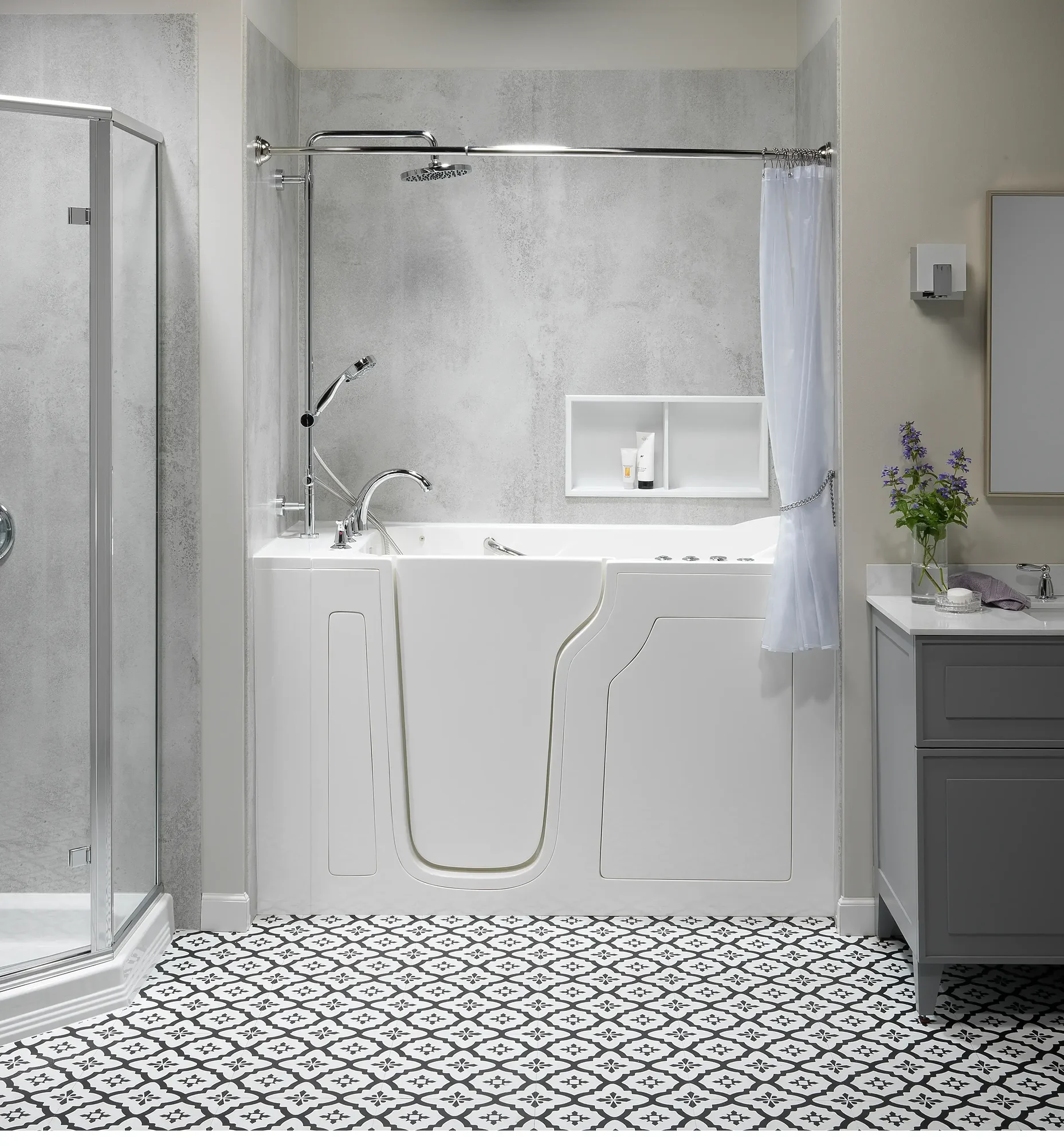 Walk-in bathtub with shower conversion and modern chrome fixtures in contemporary bathroom