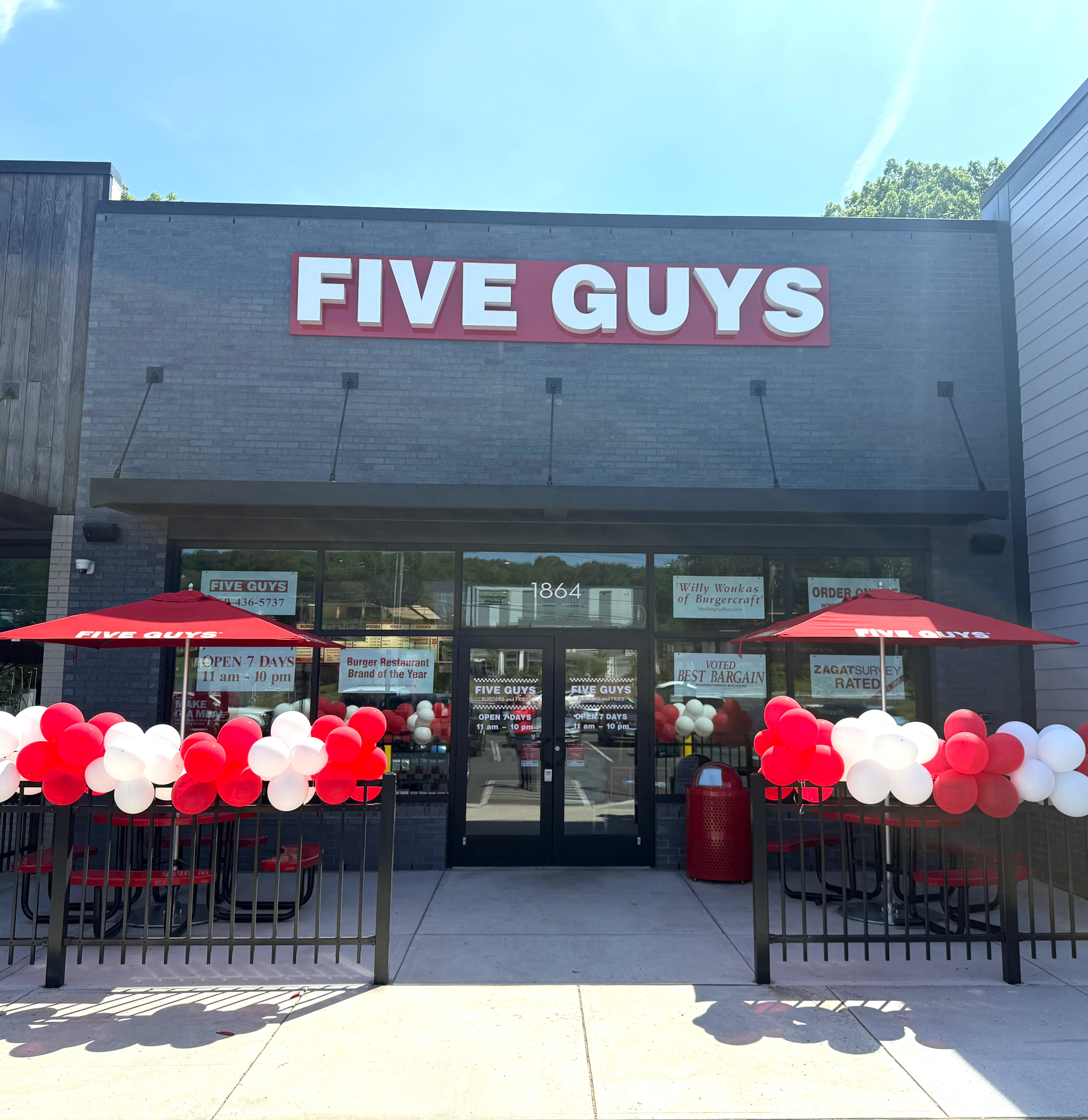 Exterior photograph of the Five Guys restaurant at 1864 Berlin Turnpike in Wethersfield, Connecticut.